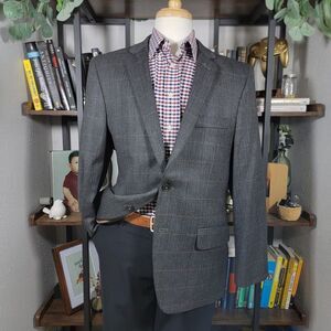 Haggar Mens Sport Coat Two Button Herringbone Plaid Poly Wool Brown Tailored 44R